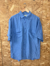 Vintage 90s mid cornflower blue 100% silk twin pocket oversized short sleeve shirt Size medium